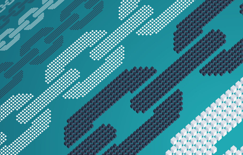 A host of small white and dark blue boxes combine to create a series of abstract alternating white and dark blue chains positioned horizontally over a teal-coloured background.