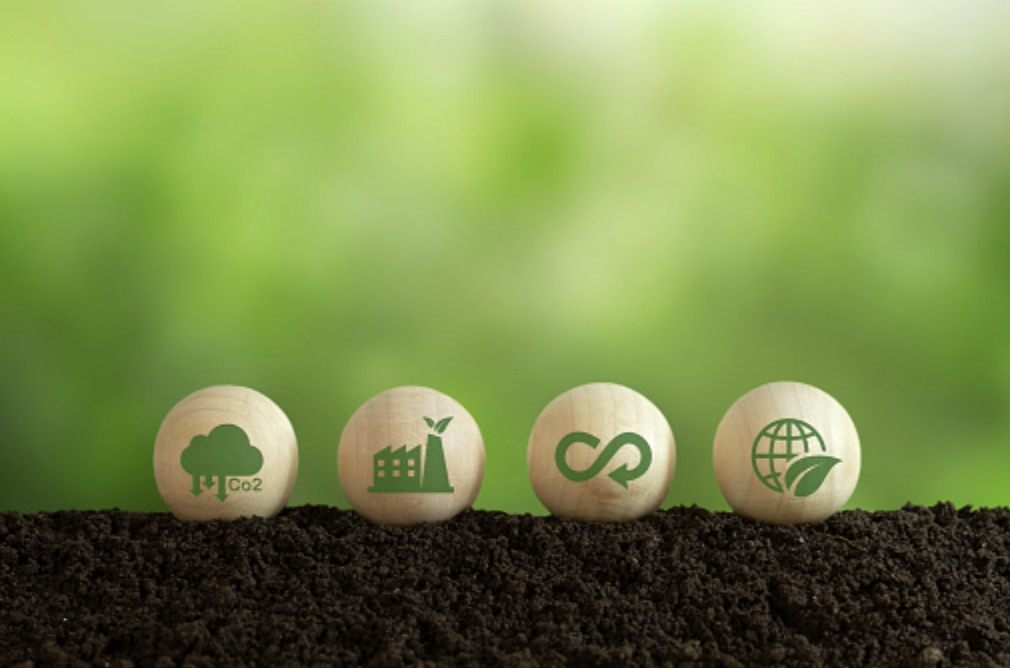 Environment icons on wooden sphere balls on soil with a green background. Concept of environmental impact assessment related to product value chains.